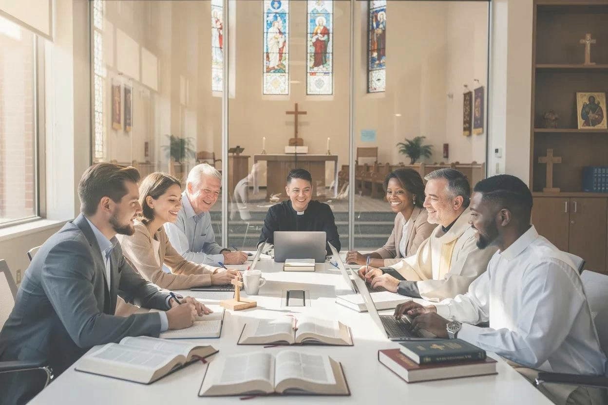 A training session around tables in a church hall